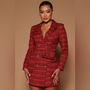 NWT Fashionnova She's The Boss Tweed Blazer Dress Set red XS